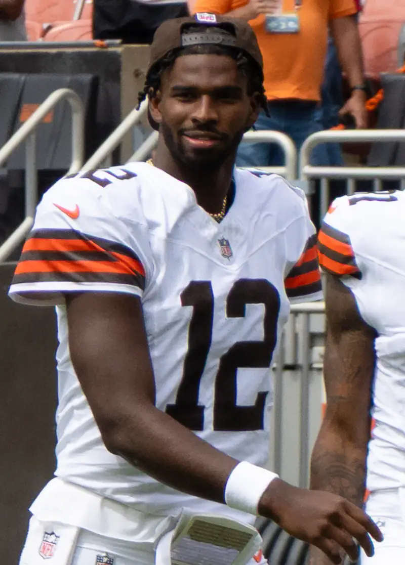 Shedeur Sanders in a Cleveland Browns number 12 jersey before a preseason game, August 2025